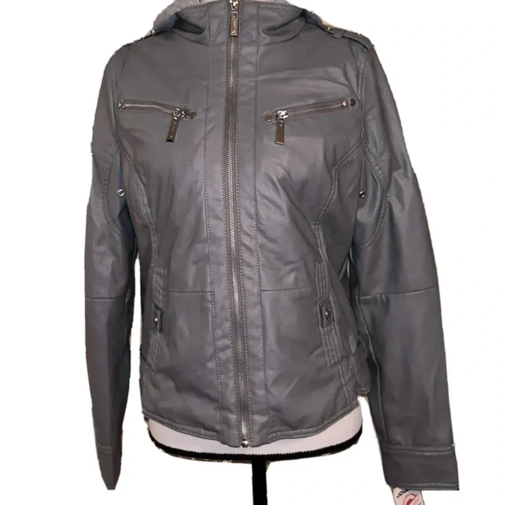 Jou Jou Vegan Leather Moto Jacket Gray Women’s Medium New With Tags - Picture 4 of 16